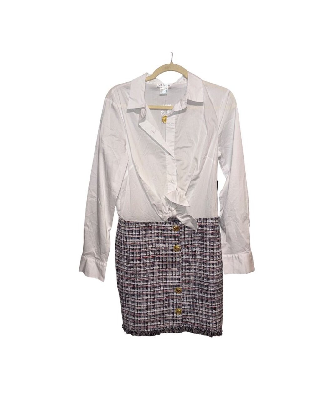 NWT Venus White & Tweed Button-Up Dress Gold Buttons